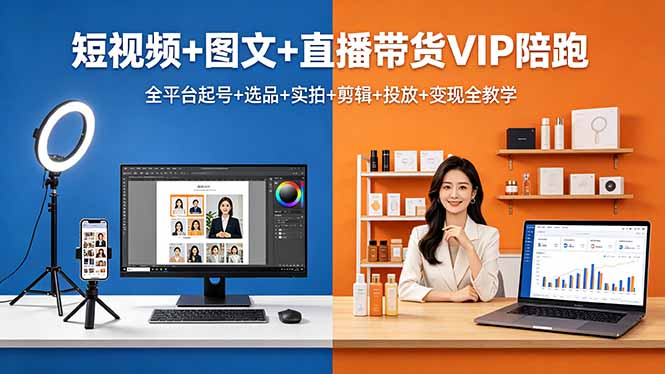 短视频+图文+直播带货VIP陪跑,全平台起号+选品+实拍+剪辑+投放+变现全教学-来聚吧