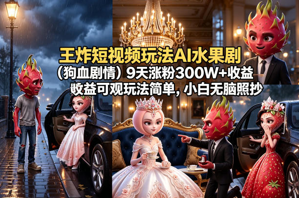 王炸短视频玩法AI水果剧(狗血剧情)9天涨粉300W+收益可观玩法简单,小白无脑照抄,详细拆解玩法-来聚吧