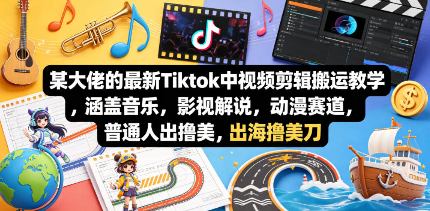 某大佬的最新Tiktok中视频剪辑搬运教学,涵盖音乐,影视解说,动漫赛道,普通人出海撸美刀-来聚吧