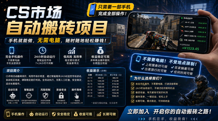手机即可操作的CS市场自动搬砖系统｜自动监控｜自动下单|日入300+【揭秘】-来聚吧