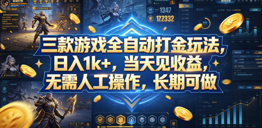 三款游戏全自动打金玩法，日入1k+，当天见收益，无需人工操作，长期可做【揭秘】-来聚吧