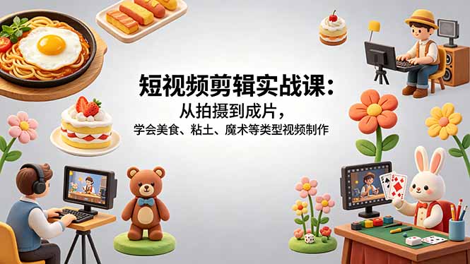短视频剪辑实战课:从拍摄到成片,学会美食、粘土、魔术等类型视频制作-来聚吧