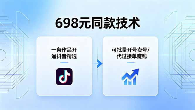 698元同款技术:一条作品开通抖音精选,可批量开号卖号,也可代过接单赚钱-来聚吧