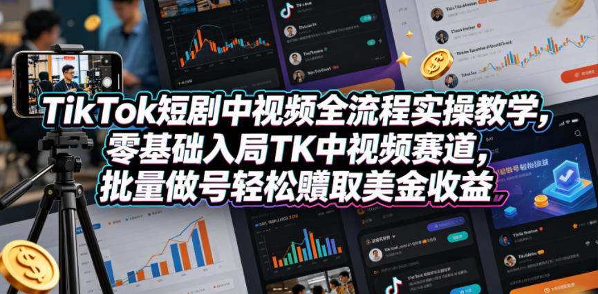 TikTok短剧中视频全流程实操教学，零基础入局TK中视频赛道，批量做号轻松賺取美金收益-来聚吧