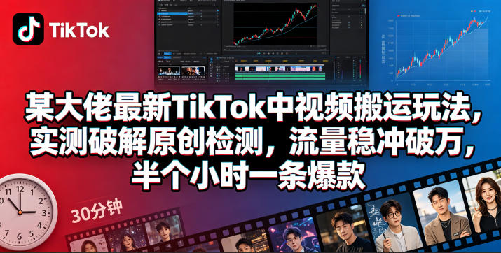 某大佬最新TikTok中视频搬运玩法，实测破解原创检测，流量稳冲破万，半个小时一条爆款-来聚吧