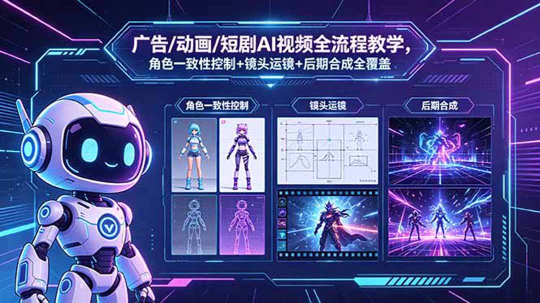广告/动画/短剧AI视频全流程教学,角色一致性控制+镜头运镜+后期合成全覆盖-来聚吧