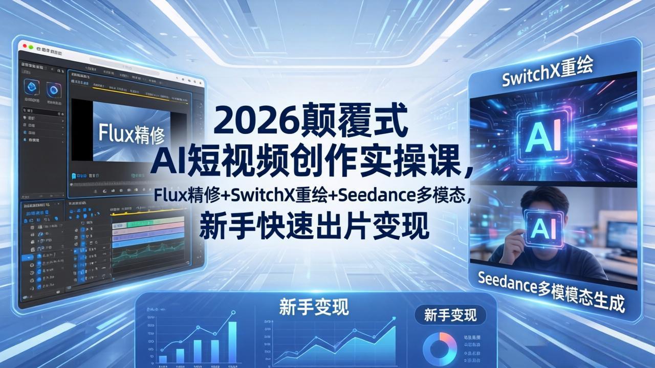 2026颠覆式 AI短视频创作课-5月更新,Flux精修+SwitchX重绘+Seedance多模态,新手快速出片变现-来聚吧