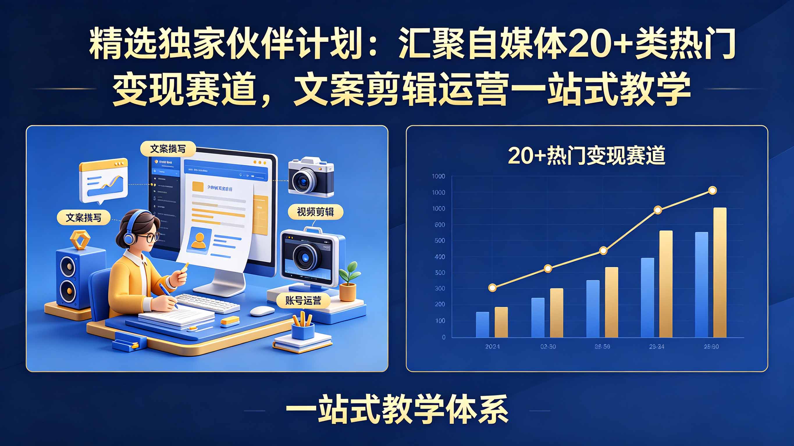 精选独家伙伴计划:汇聚自媒体20+类热门变现赛道,文案剪辑运营一站式教学-来聚吧