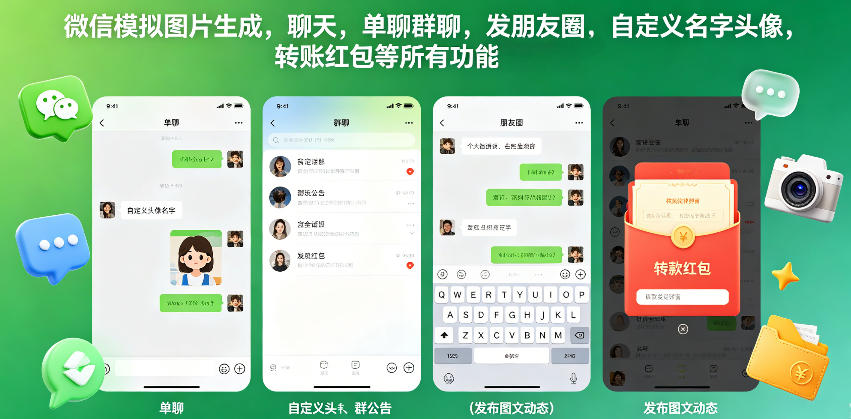微信模拟图片生成,聊天,单聊群聊,发朋友圈,自定义名字头像,转账红包等所有功能都可以生成-来聚吧