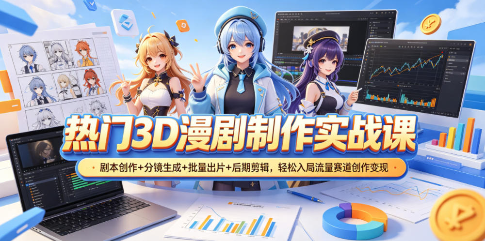 热门3D漫剧制作实战课，剧本创作+分镜生成+批量出片+后期剪辑，轻松入局流量赛道创作变现-来聚吧