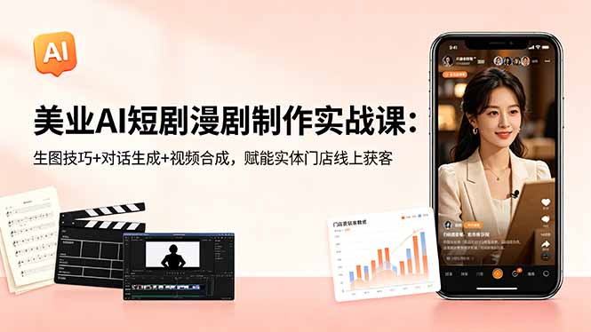 美业AI短剧漫剧制作实战课:生图技巧+对话生成+视频合成,赋能实体门店线上获客-来聚吧