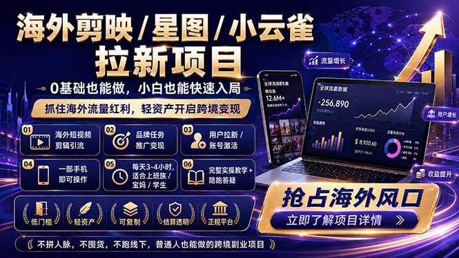 海外剪映 / 星图 / 小云雀拉新项目 普通人也能上手的跨境流量变现副业-来聚吧