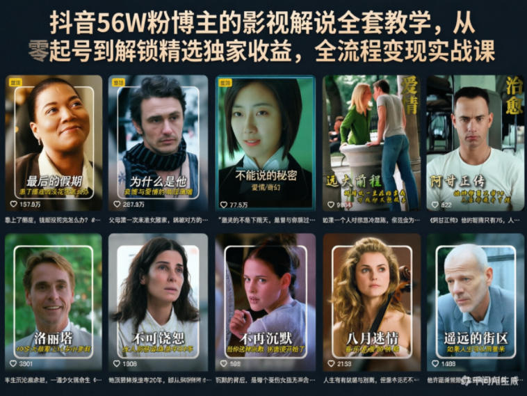 抖音56W粉博主的影视解说全套教学,从零起号到解锁精选独家收益,全流程变现实战课-来聚吧