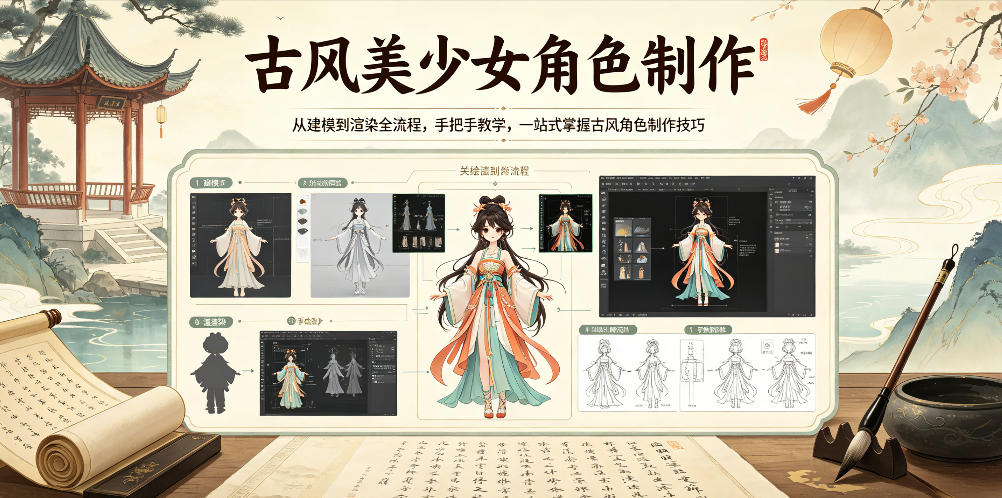古风美少女角色制作,从建模到渲染全流程,手把手教学,一站式掌握古风角色制作技巧-来聚吧