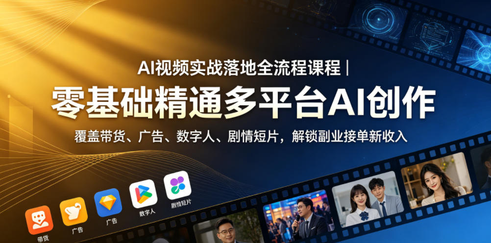 AI视频实战落地全流程课程|零基础精通多平台AI创作,覆盖带货、广告、数字人、剧情短片,解锁副业接单新收入-来聚吧