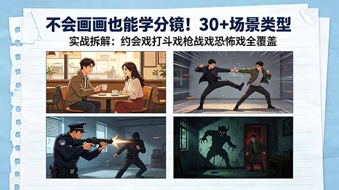不会画画也能学分镜!30+场景类型实战拆解:约会戏打斗戏枪战戏恐怖戏全覆盖-来聚吧