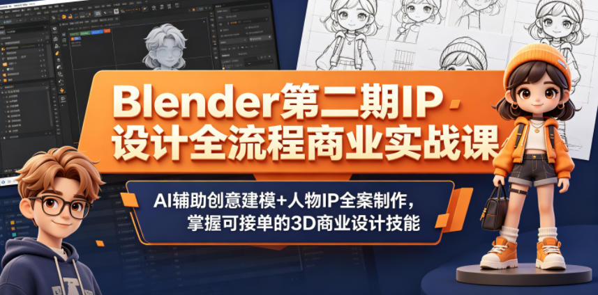 Blender第二期IP设计全流程商业实战课,AI辅助创意建模+人物IP全案制作,掌握可接单的3D商业设计技能-来聚吧