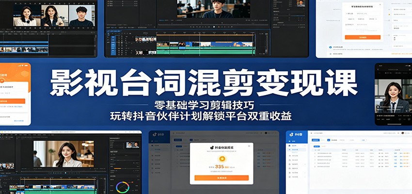 影视台词混剪变现课:零基础学习剪辑技巧,玩转抖音伙伴计划解锁平台双重收益-来聚吧