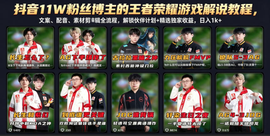 抖音11W粉丝博主的王者荣耀游戏解说教程，文案、配音、素材剪辑全流程，解锁伙伴计划+精选独家收益，日入1k+-来聚吧