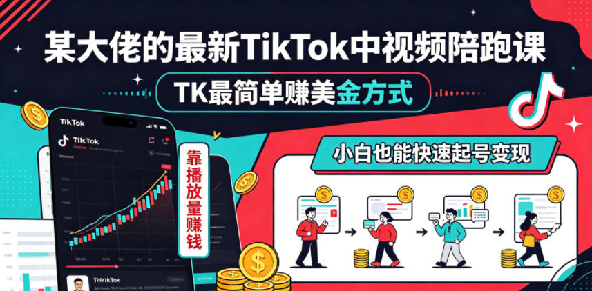 某大佬的最新TikTok中视频陪跑课，TK最简单賺美金方式，靠播放量賺钱，小白也能快速起号变现-来聚吧