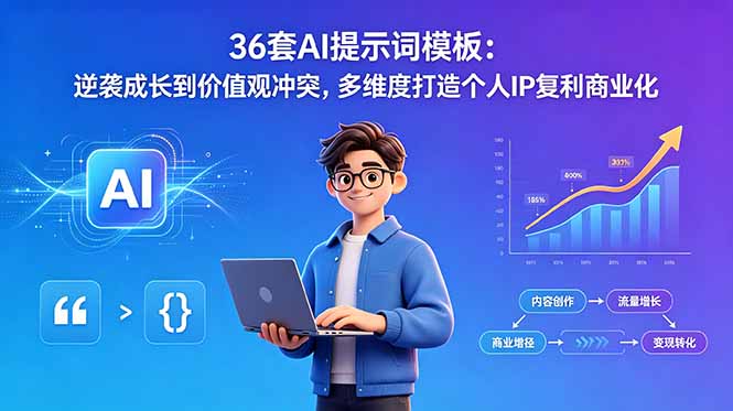 36套AI提示词模板:逆袭成长到价值观冲突,多维度打造个人IP复利商业化-来聚吧