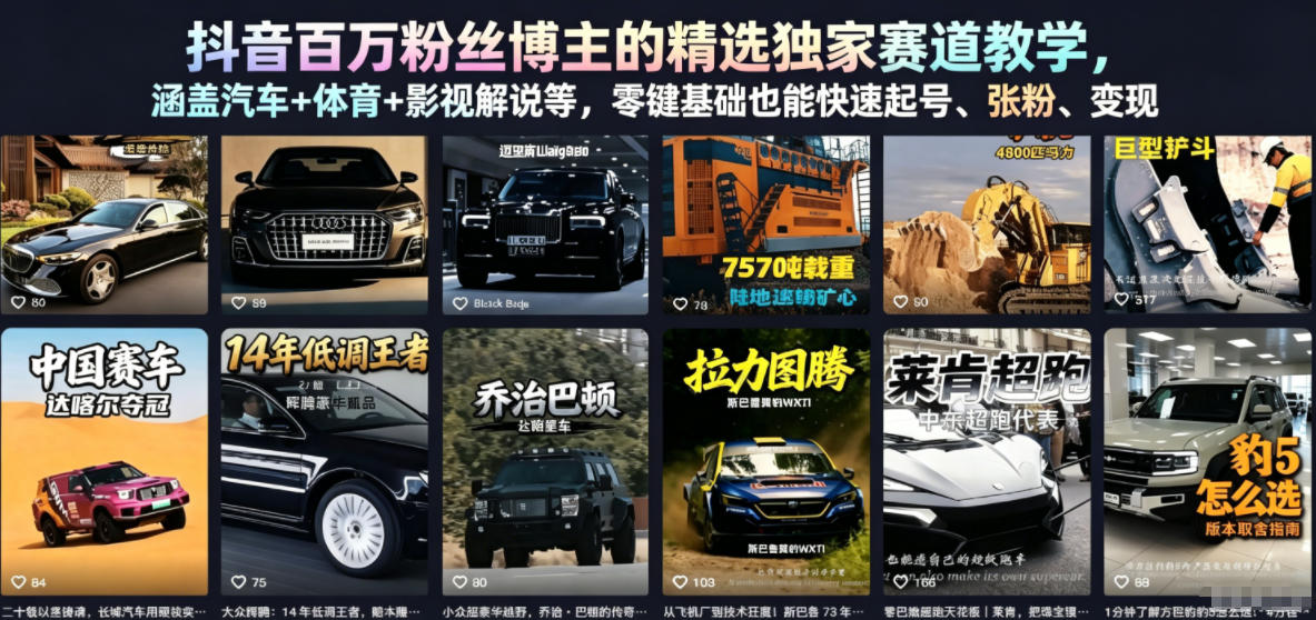 抖音百万粉丝博主的精选独家赛道教学,涵盖汽车+体育+影视解说等,零基础也能快速起号、涨粉、变现-来聚吧