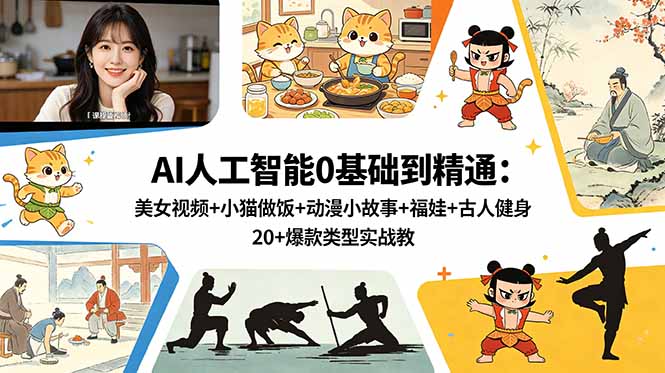 AI人工智能0基础到精通：美女视频+小猫做饭+动漫小故事+福娃+古人健身，20+爆款类型实战教学-来聚吧
