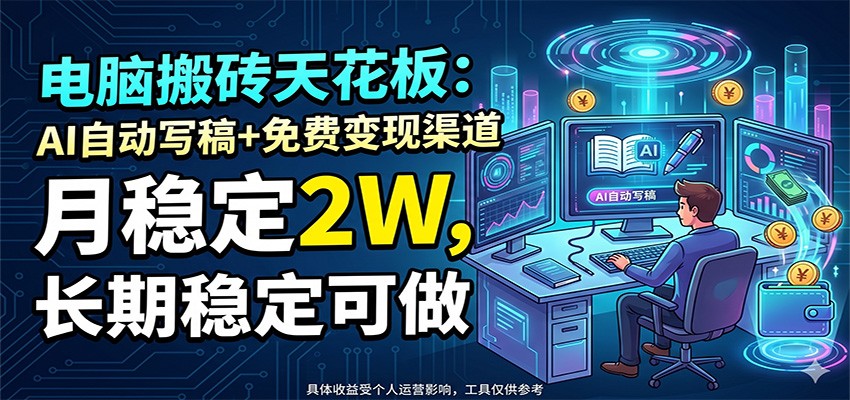 电脑搬砖天花板：AI自动写稿+免费变现渠道，月稳定2W，长期稳定可做-来聚吧