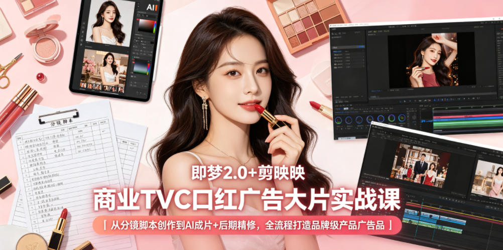 即梦2.0+剪映商业TVC口红广告大片实战课|从分镜脚本创作到AI成片+后期精修,全流程打造品牌级产品广告-来聚吧