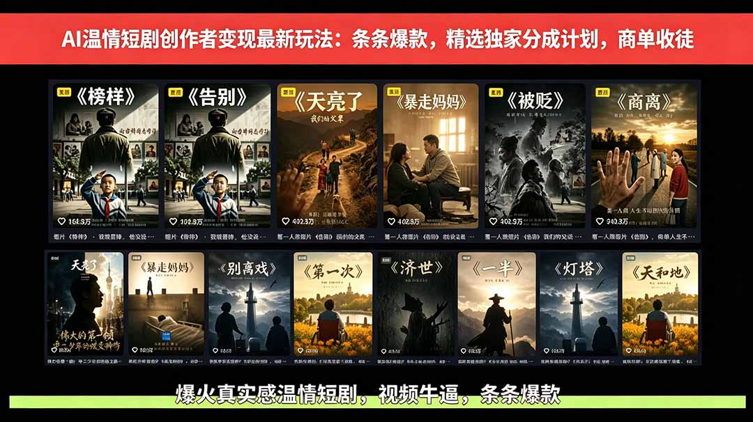 AI温情短剧创作者变现最新玩法:视频牛逼,条条爆款,精选独家分成计划,商单收徒-来聚吧