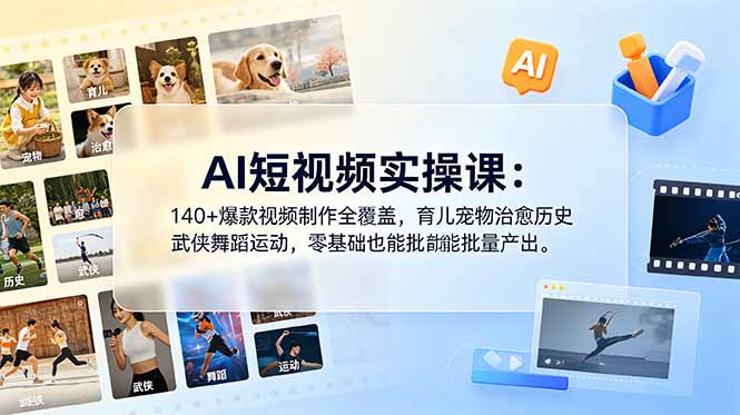 AI短视频实操课:140+爆款视频制作全覆盖,育儿宠物治愈历史武侠舞蹈运动,零基础也能批量产出-来聚吧