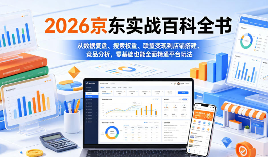 2026京东实战百科全书，从数据复盘、搜索权重、联盟变现到店铺搭建、竞品分析，零基础也能全面精通平台玩法-来聚吧