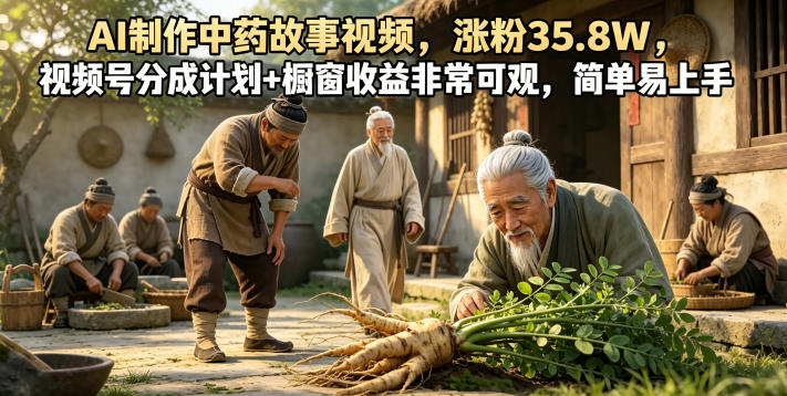 AI制作中药故事视频，涨粉35.8W，视频号分成计划+橱窗收益非常可观，简单易上手-来聚吧