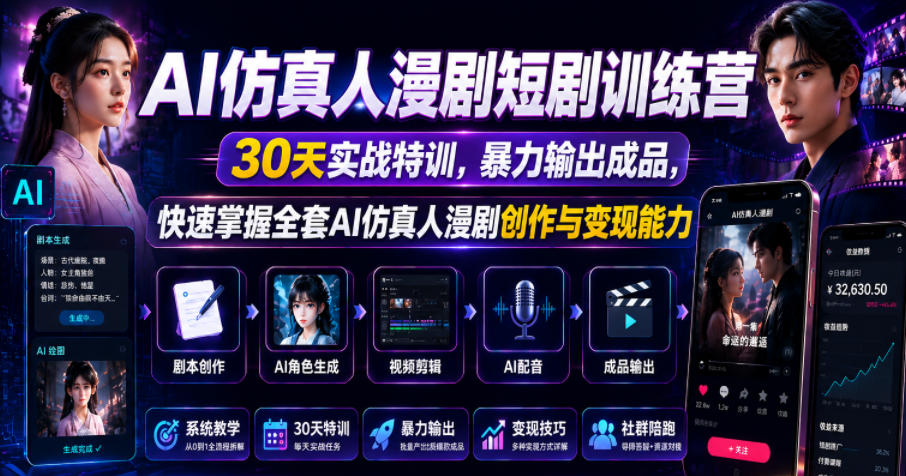 AI仿真人漫剧短剧训练营，30天实战特训，暴力输出成品，快速掌握全套AI仿真人漫剧创作与变现能力-来聚吧