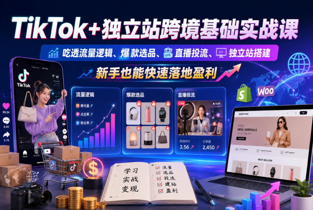 TikTok+独立站跨境基础实战课，吃透流量逻辑、爆款选品、直播投流与独立站搭建，新手也能快速落地盈利-来聚吧