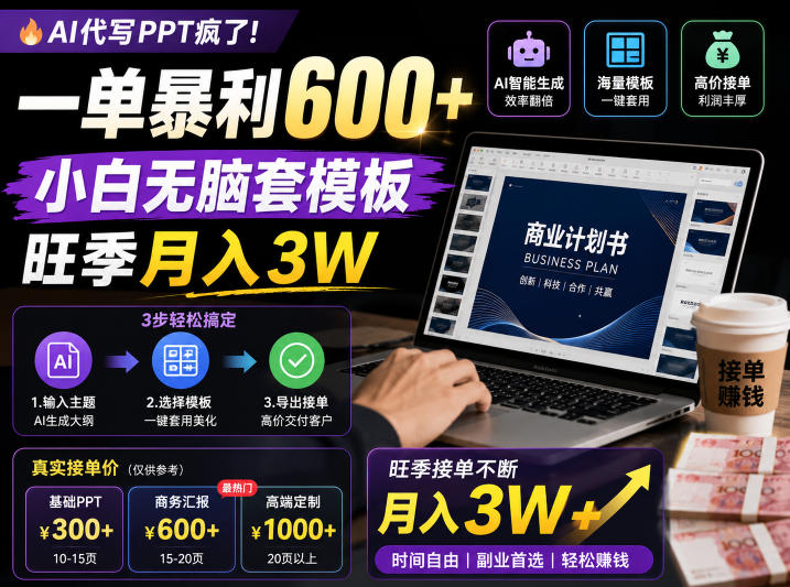 AI代写PPT疯了!一单暴利600+,小白无脑套模板,旺季月入3W,不用苦哈哈引流【揭秘】-来聚吧