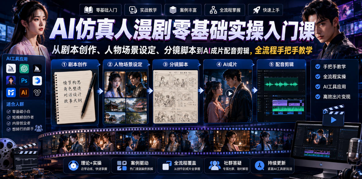AI仿真人漫剧零基础实操入门课，从剧本创作、人物场景设定、分镜脚本到AI成片配音剪辑，全流程手把手教学-来聚吧