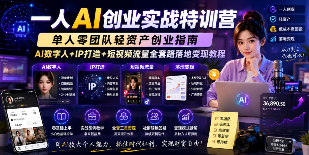 一人AI创业实战特训营,单人零团队轻资产创业指南,AI数字人+IP打造+短视频流量全套路落地变现教程-来聚吧