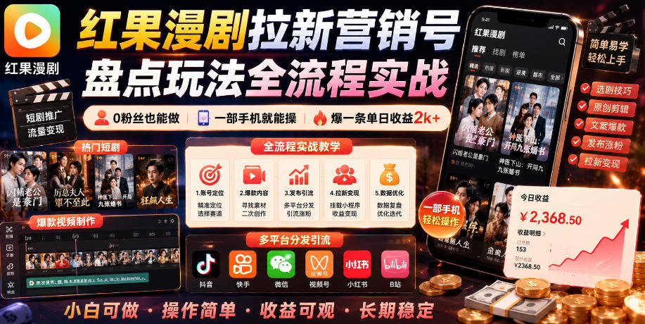 红果漫剧拉新营销号盘点玩法全流程实战,0粉丝也能做,一部手机就能做,爆一条单日收益2k+-来聚吧