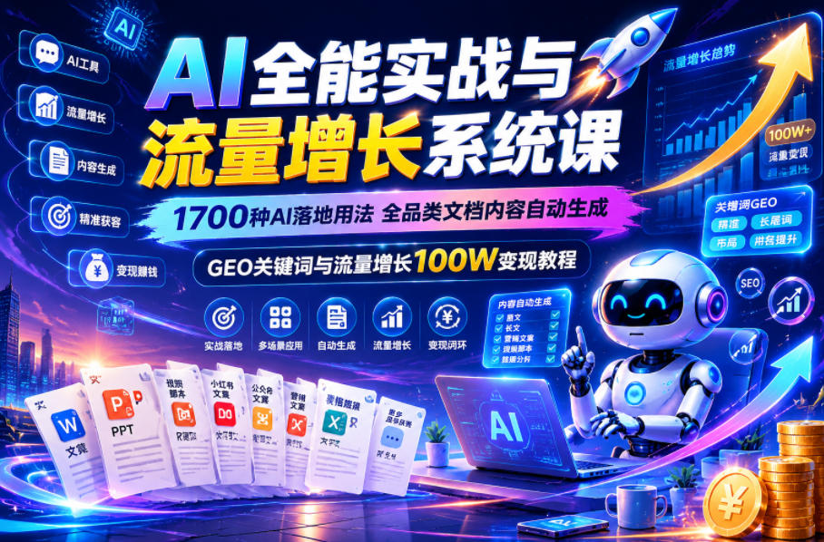 AI全能实战与流量增长系统课,1700种AI落地用法,全品类文档内容自动生成,GEO关键词与流量增长100W变现教程-来聚吧