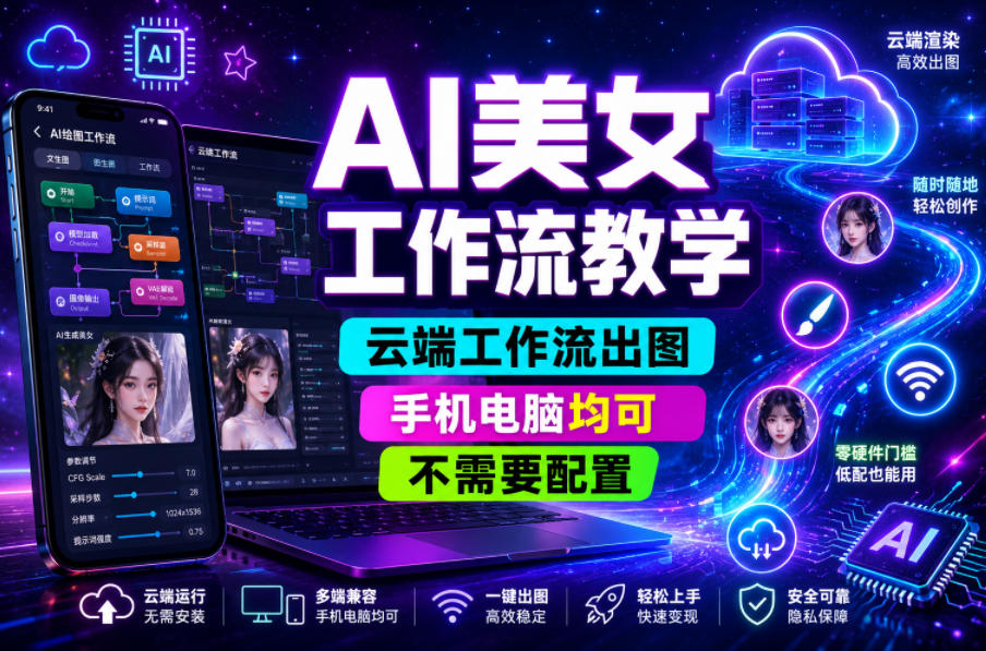 AI美女工作流教学,云端工作流出图,手机电脑均可,不需要配置,快速起号涨粉-来聚吧