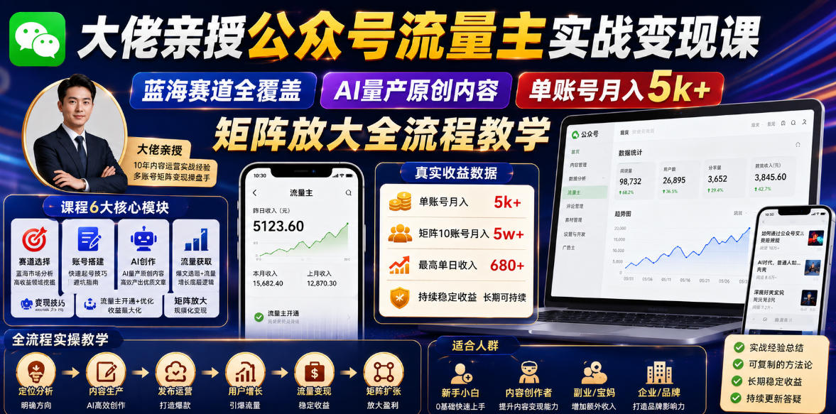 大佬亲授公众号流量主实战变现课,蓝海赛道全覆盖,AI量产原创内容,单账号月入5k+矩阵放大全流程教学-来聚吧