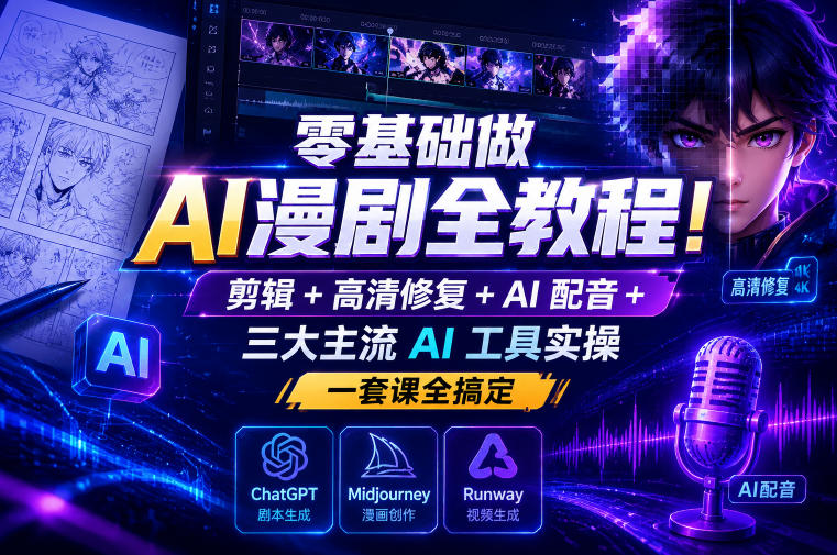零基础做AI漫剧全教程!剪辑+高清修复+AI配音+三大主流AI工具实操,一套课全搞定-来聚吧