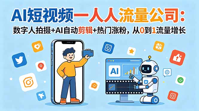 AI短视频一人流量公司:数字人拍摄+AI自动剪辑+热门涨粉,从0到1流量增长-来聚吧
