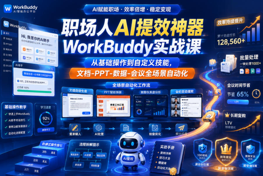 职场人AI提效神器WorkBuddy实战课,从基础操作到自定义技能,文档-PPT-数据-会议全场景自动化-来聚吧