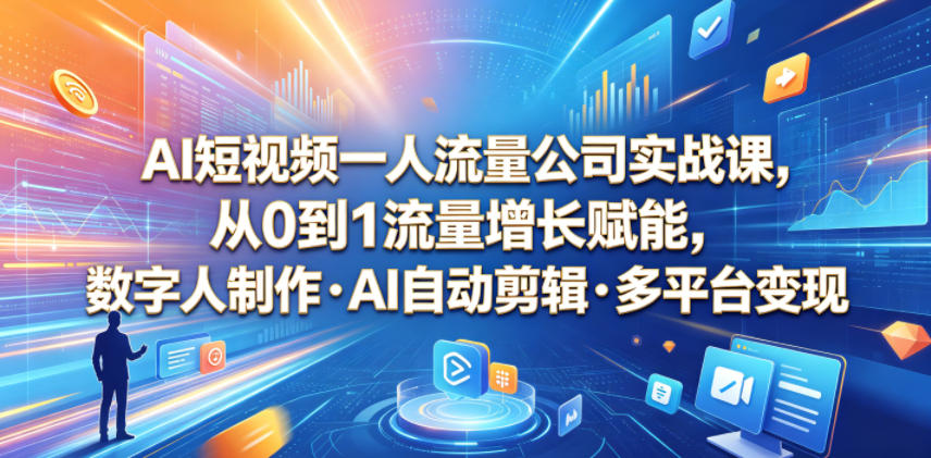 AI短视频一人流量公司实战课,从0到1流量增长赋能,数字人制作・AI自动剪辑・多平台变现,一人做流量生意全落地教程-来聚吧