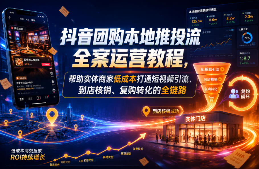 抖音团购本地推投流全案运营教程,帮助实体商家低成本打通短视频引流、到店核销、复购转化的全链路-来聚吧