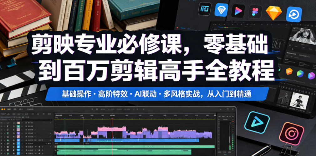 剪映专业必修课,零基础到百万剪辑高手全教程,基础操作・高阶特效・AI联动・多风格实战,从入门到精通-来聚吧
