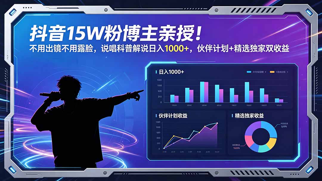 抖音15W粉博主亲授!不用出镜不用露脸,说唱科普解说日入1000+,伙伴计划+精选独家双收益-来聚吧