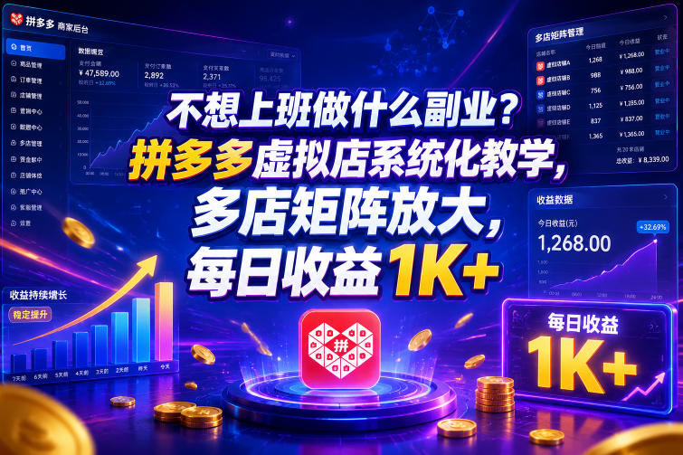 不想上班做什么副业?拼多多虚拟店系统化教学,多店矩阵放大,每日收益1K+【揭秘】-来聚吧